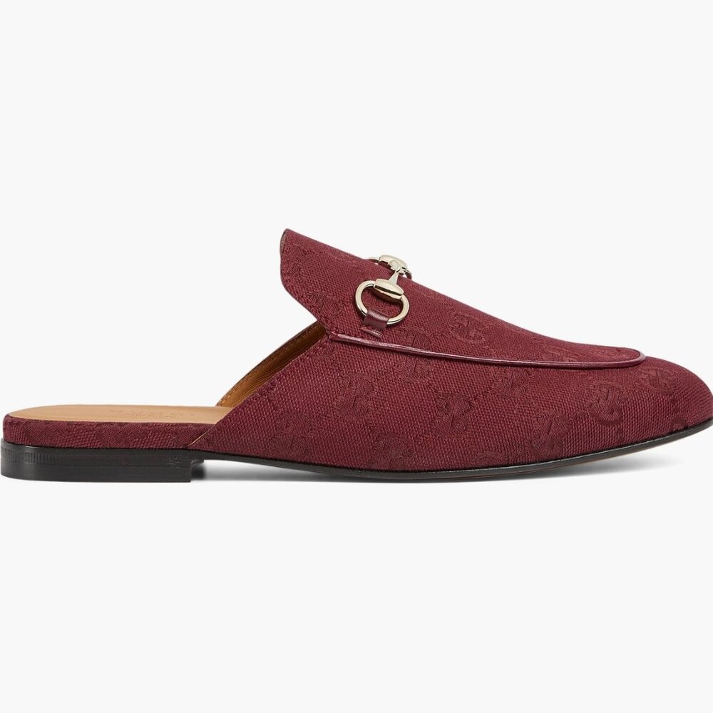 Gucci Princetown Horsebit Loafer Mules, GG Canvas, Maroon, Women’s Size 37